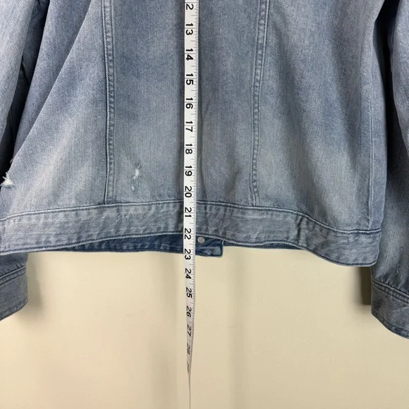 Express Women's Light Blue Distressed Denim Jacket with Floral Embroidery | XL - Picture 8 of 10